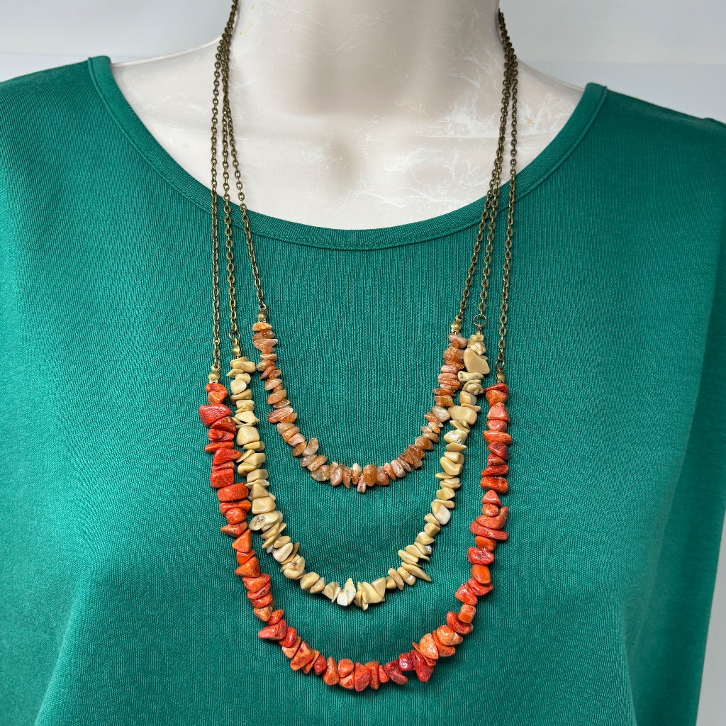 Set Of Three Gemstone Chip And Bronze Chain Necklaces Red Beige Coral Sunstone